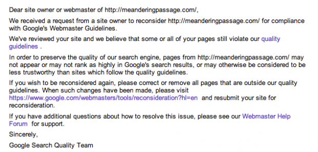 Results from initial request to reconsider, Google Search Quality Team,  May 23th, 2013