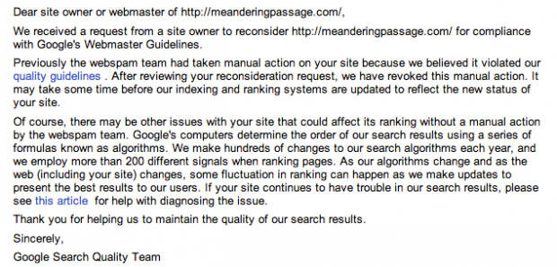 Google Quality Search Team final response, July 19th, 2013.