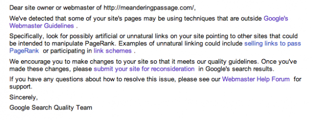 Screen capture of email text from Google about "unatural links." - May 16th, 2013