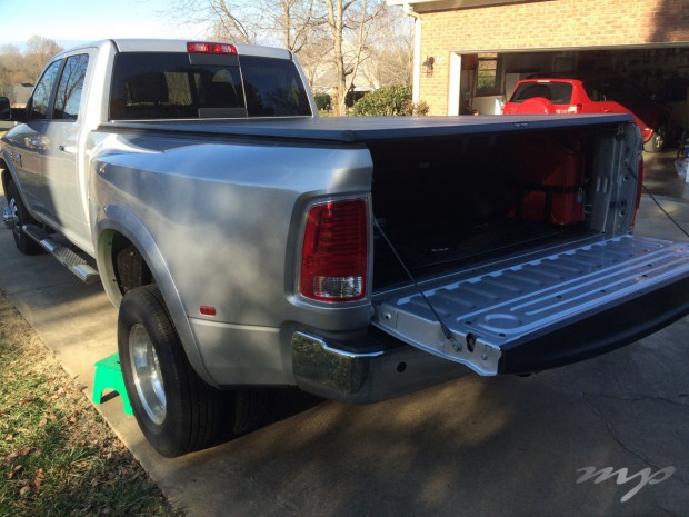 RAM 3500 with closed tonneau cover, tail-gate down (normally would be up)  Also my little green step stool. 