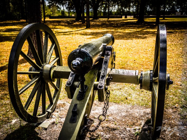 A cannon stands guard at the memorial of the Olustee Battlefield State Park, Olustee, Florida