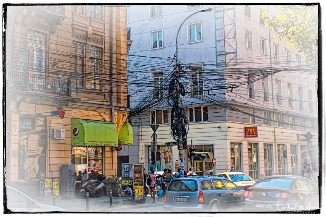 "Wired" Street Scene, Bucharest, Romania, 2011 -- a historically beautiful city with some interesting wiring techniques.
