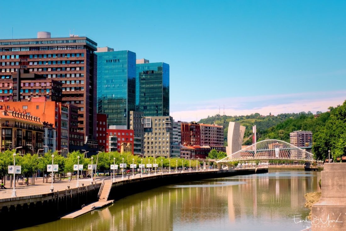 Along the downtown Nervion riverwalk/park in the beautiful city of Bilbao, Spain