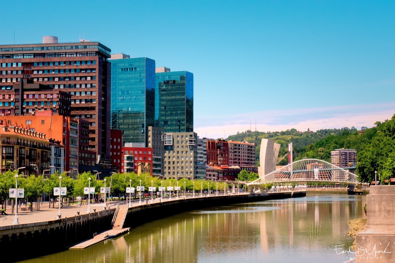 Along the downtown river in the beautiful city of Bilbao, Spain